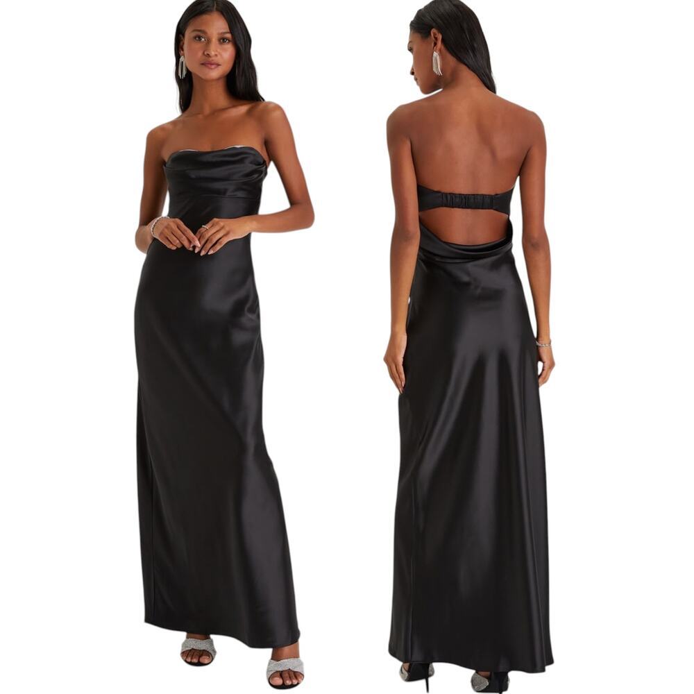 Lulus Exquisite Shine Black Satin Rhinestone Strapless Maxi Dress size Large NWT